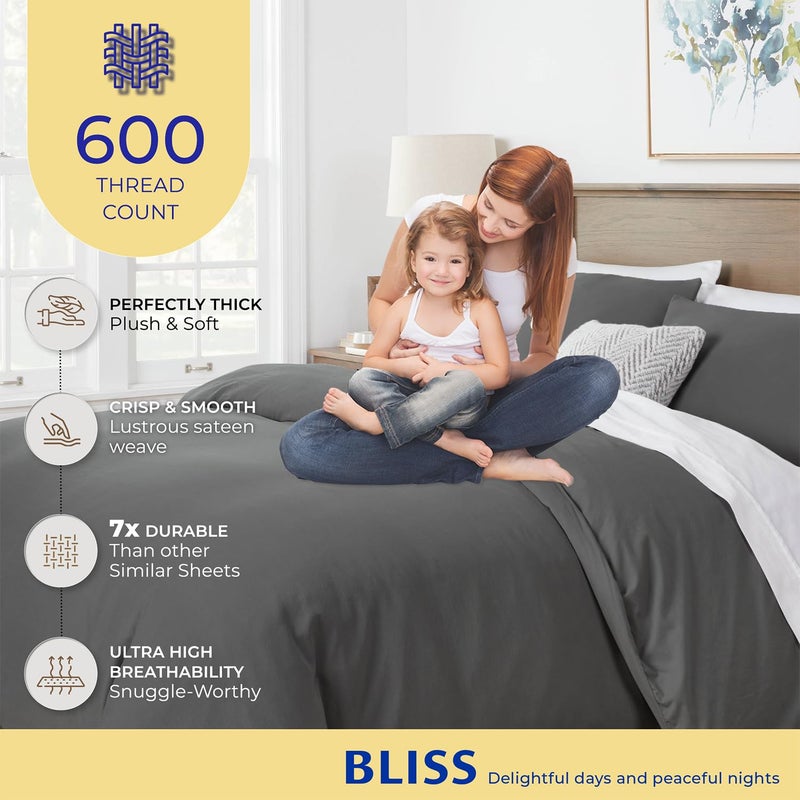 THREAD SPREAD Queen/Full Duvet Cover, 600 Thread Count Sateen 3Pc Egyptian Cotton Duvet Cover Set, 100% Pure Cotton Comforter Cover, 2 Pillow Shams, Zipper Closure, 7 Corner Ties - (Dark Grey) - Image 2